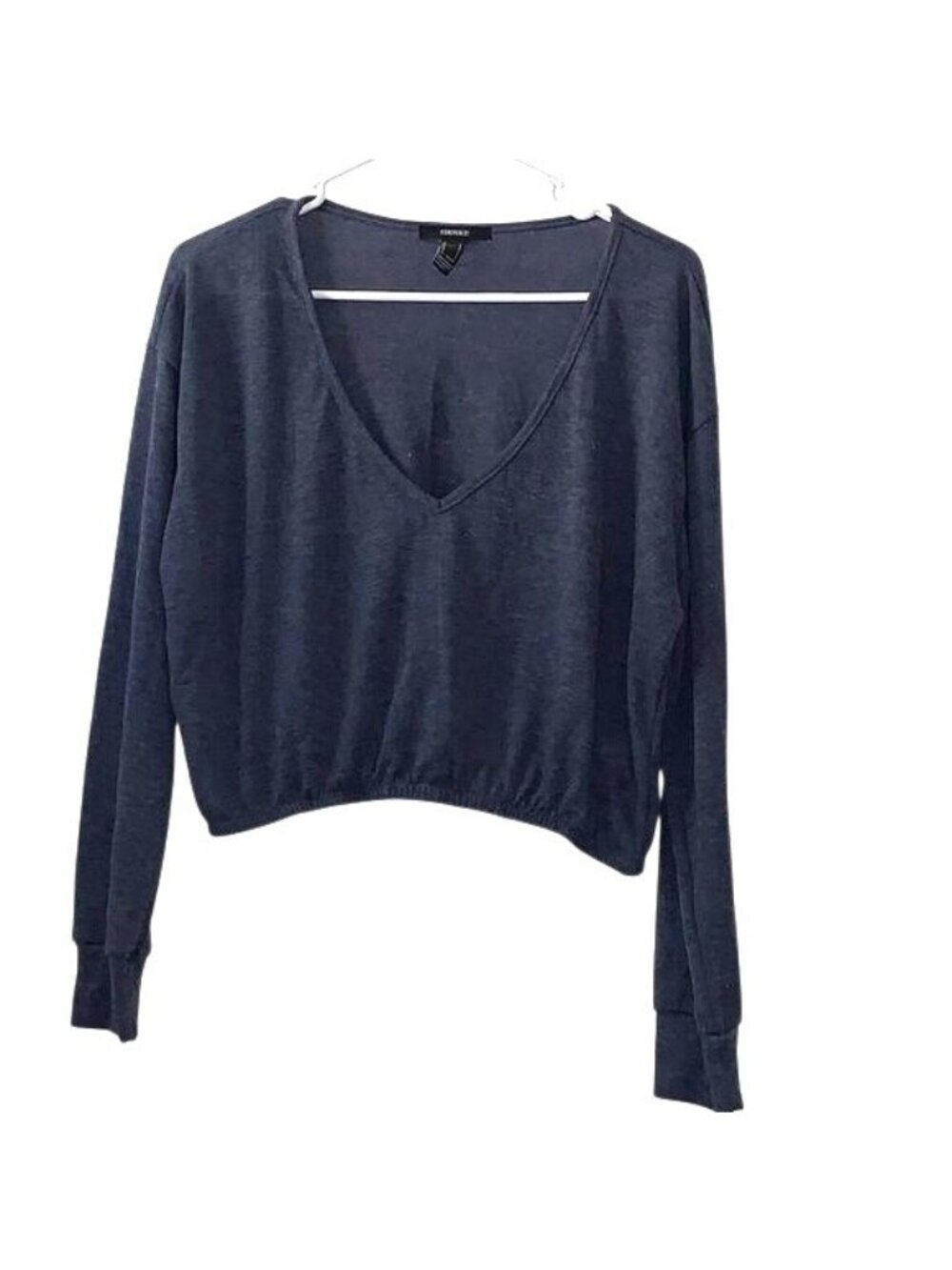 Forever 21 Womens V-Neck Long Sleeve Cropped Sweater Navy Blue Size L